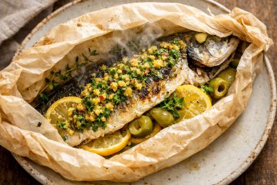 Whole Charred Branzino en Papillote with Preserved Lemon, Green Olives & Toasted Breadcrumb Gremolata