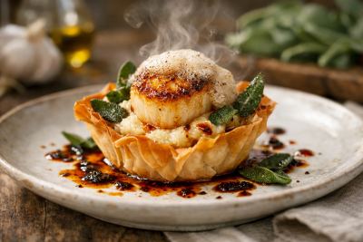 Pan-Seared Scallop & Charred Corn Purée Tartlet with Brown Butter Foam, Crispy Sage & Burnt Chili Oil