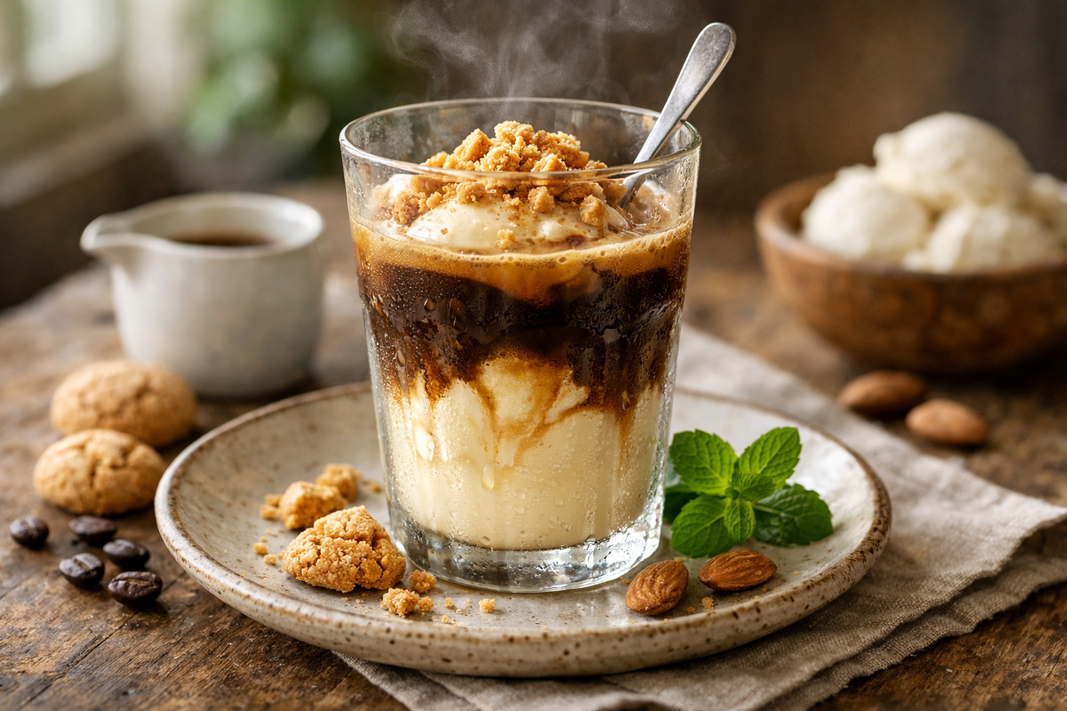 Affogato-Style Iced Coffee with Whipped Cream & Amaretti