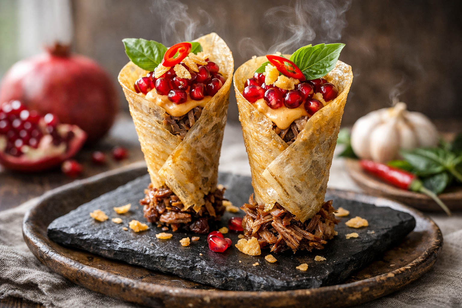 Crispy Duck Confit Taro Cones with Pomegranate, Crispy Garlic & Thai Red Curry Aioli