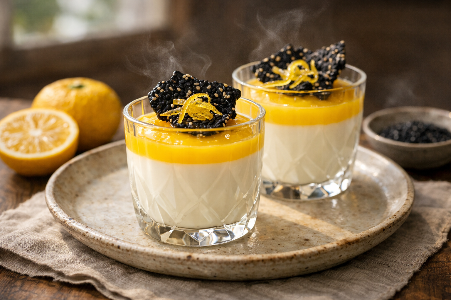 Yuzu Curd Panna Cotta with Black Sesame Crisp