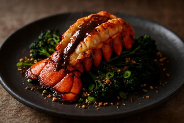 Crispy Lobster Tail & Black Garlic Adobo Dressing with Charred Broccolini Nest & Toasted Panko Crumb