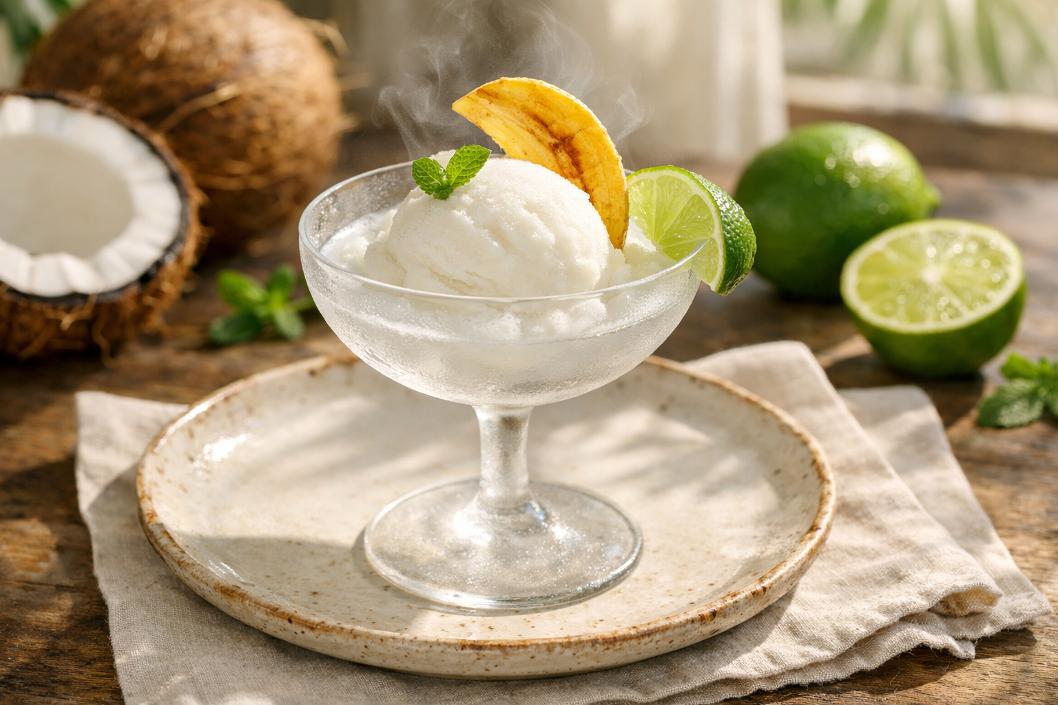 Coconut-Lime Sorbet with Crispy Plantain Tuile