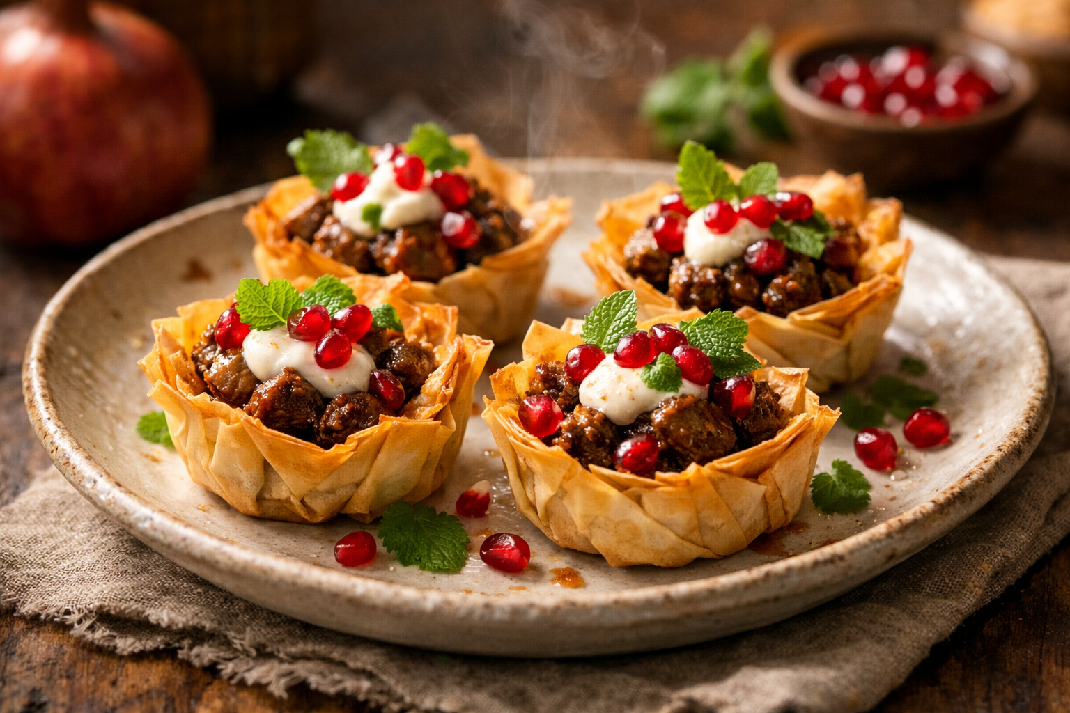 Crispy Phyllo Cups with Spiced Lamb, Pomegranate & Tahini Yogurt