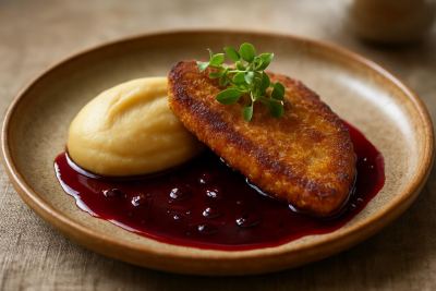Pan-Seared Schnitzel of Venison with Lingonberry-Black Pepper Gastrique & Charred Root Vegetable Purée
