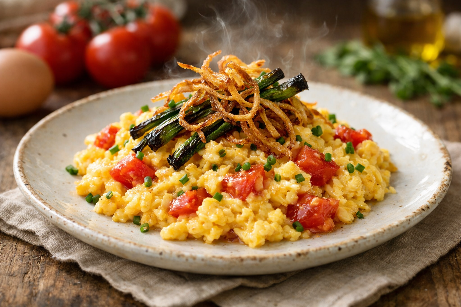 Shiro Scramble with Crispy Onion & Tomato