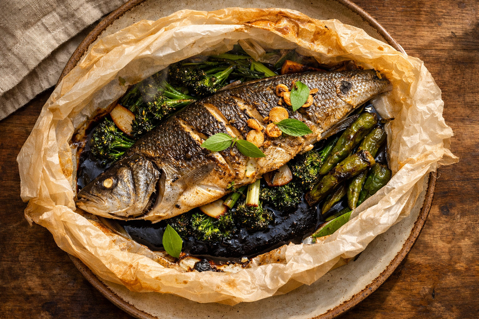 Whole Branzino en Papillote with Lemongrass, Black Garlic & Roasted Green Chili
