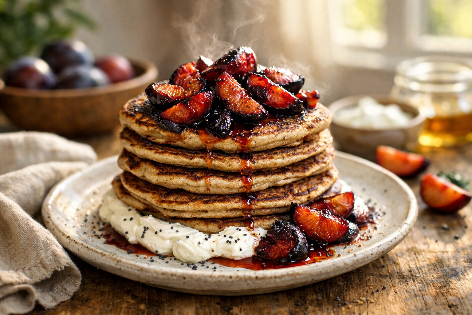 Spelt & Rye Pancakes with Charred Plum Compote & Quark
