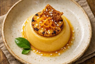 Lucuma & Toasted Corn Panna Cotta with Charred Pineapple, Candied Ají Amarillo & Crispy Quinoa Tuile
