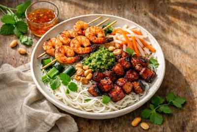 Bún Chả Tôm—Grilled Shrimp & Charred Herb-Scallion Paste over Rice Vermicelli with Caramelized Pork Jowl