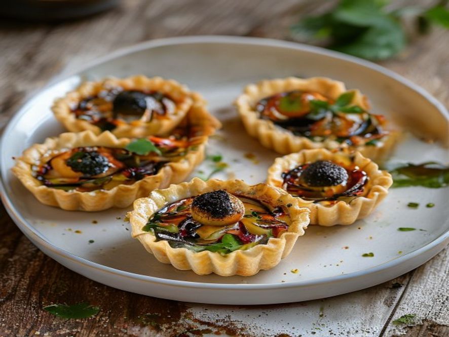 Charred Shrimp & Huitlacoche Tartlets with Black Garlic Emulsion