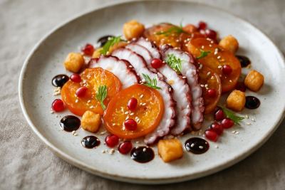 Charred Octopus & Persimmon Crudo with Crispy Gochugaru Rice Cake, Black Garlic Oil & Pomegranate Caviar