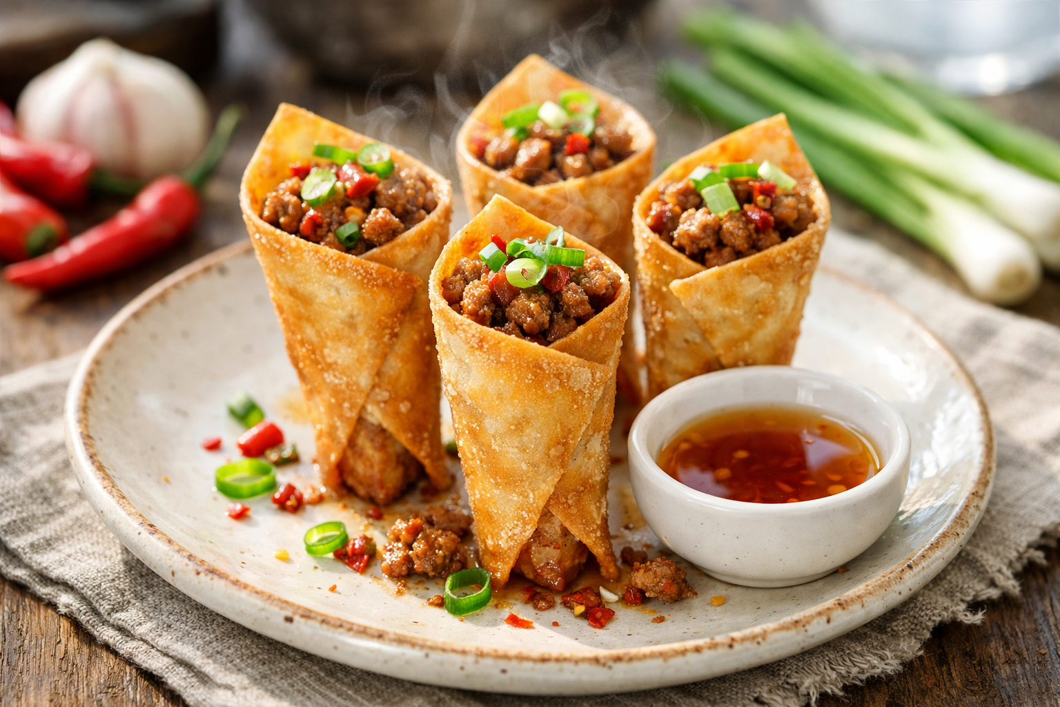 Lumpia Wonton Crisps with Spiced Ground Pork & Scallion Dipping Sauce
