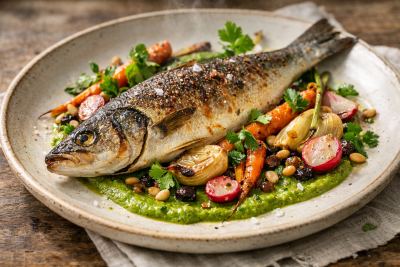 Pan-Roasted Whole Branzino with Charred Tomatillo-Cilantro Emulsion & Spring Vegetables à la Catalane