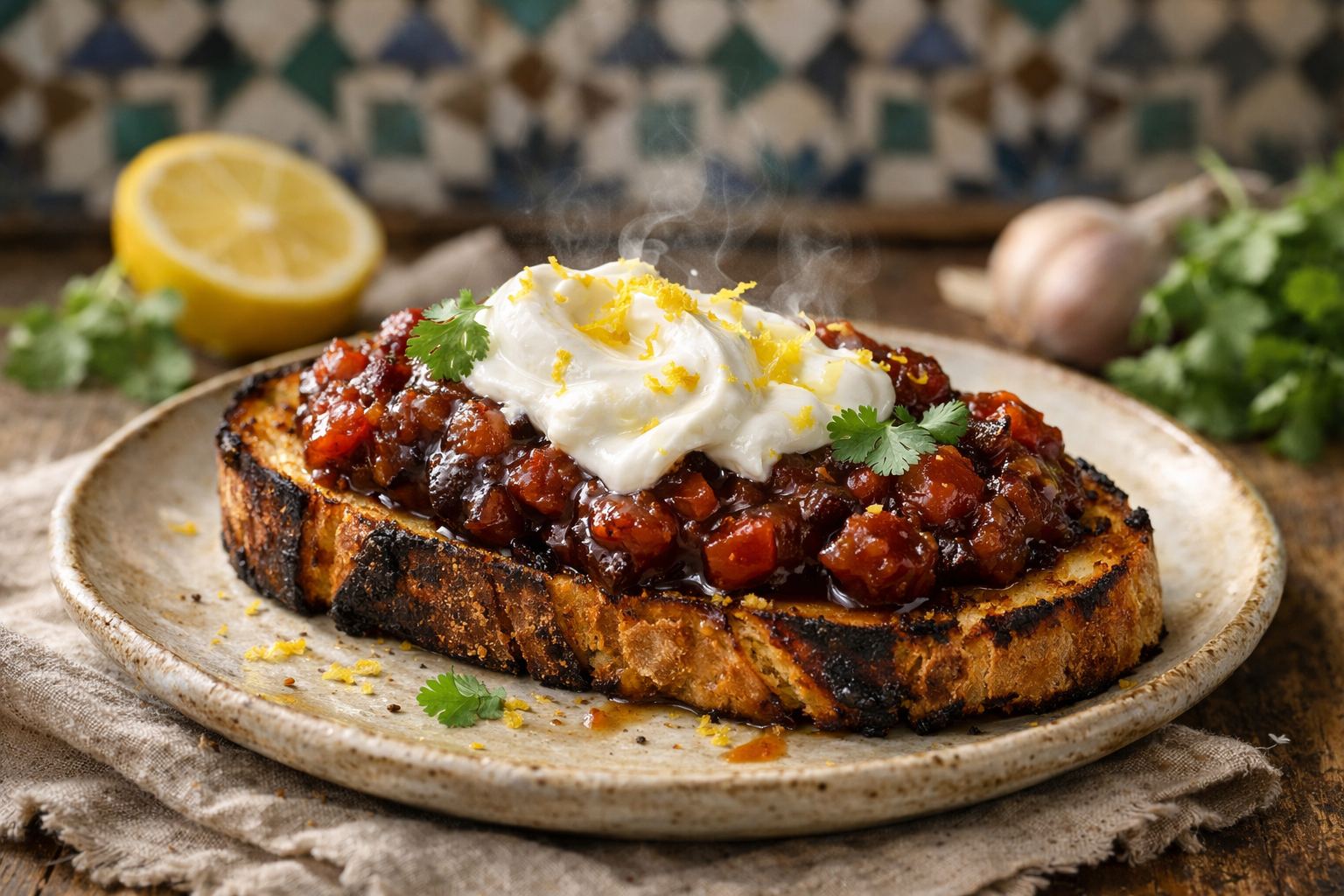 Zaalouk on Grilled Bread with Whipped Labneh