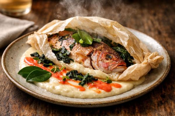 Whole Roasted Caribbean Red Snapper en Papillote with Burnt Scotch Bonnet Emulsion, Charred Callaloo & Cassava Purée