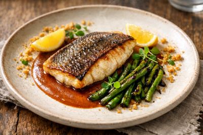 Pan-Seared John Dory with Burnt Almond & Caper Emulsion, Charred Romano Beans & Crispy Garlic Breadcrumbs