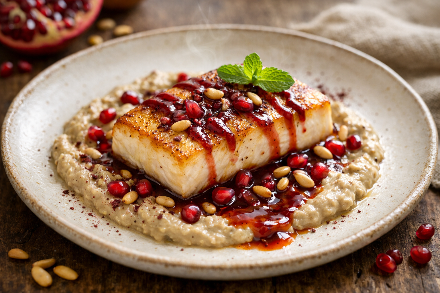 Seared Halibut with Charred Eggplant & Pomegranate-Tahini Glaze