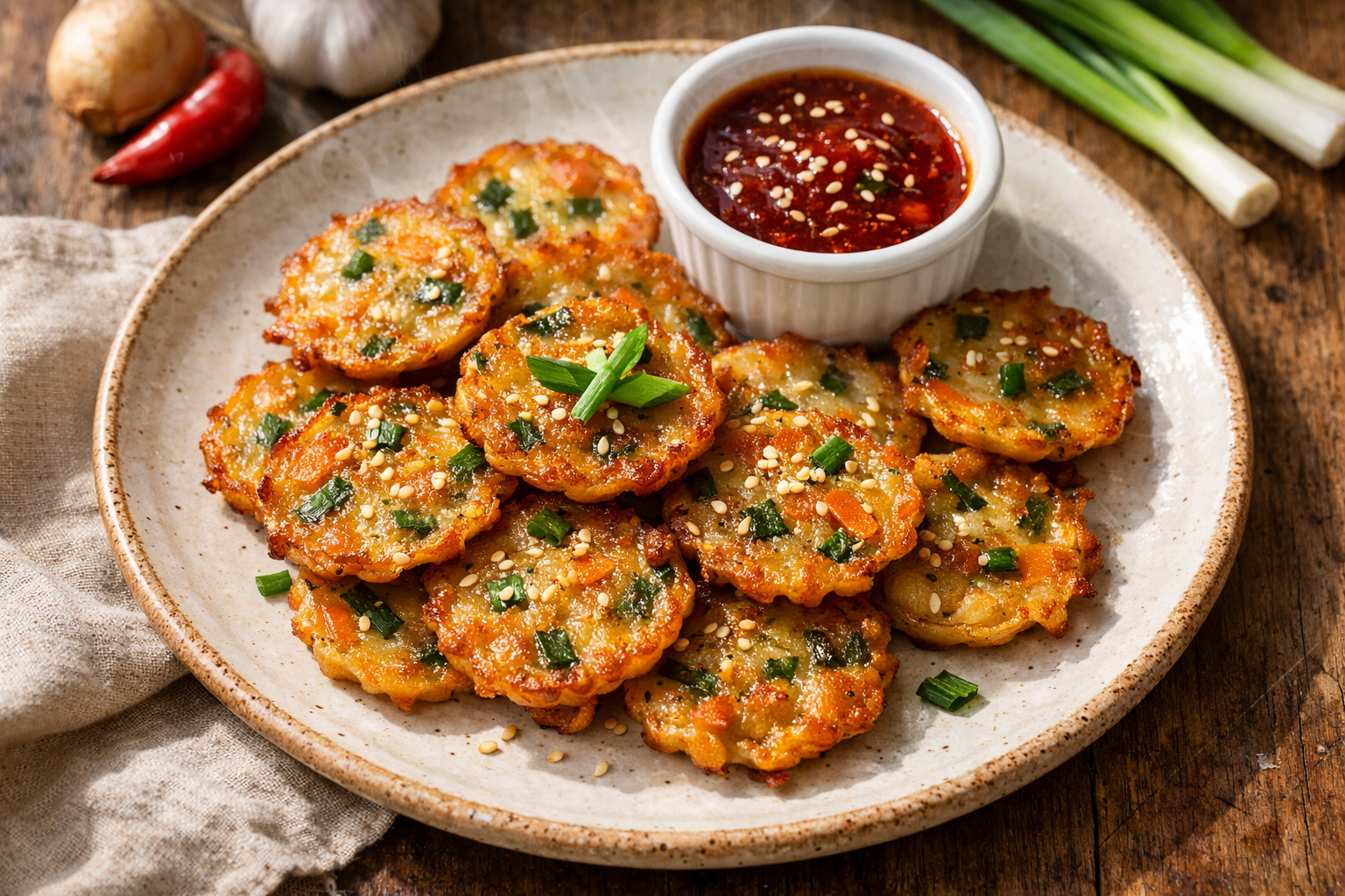 Crispy Garlic & Anchovy Pajeon Coins with Gochujang-Honey Dip