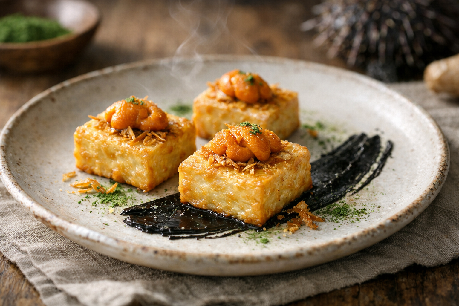 Crispy Tofu Skin with Kombu Butter, Uni & Crispy Garlic Threads