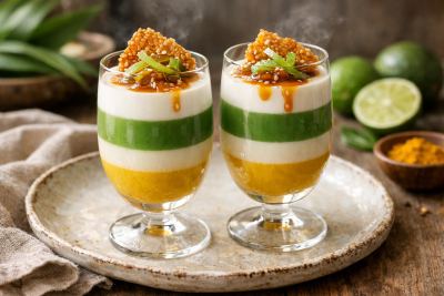 Chè Ba Màu—Three-Color Panna Cotta with Coconut, Pandan & Turmeric Layers, Candied Lime & Sesame Tuile