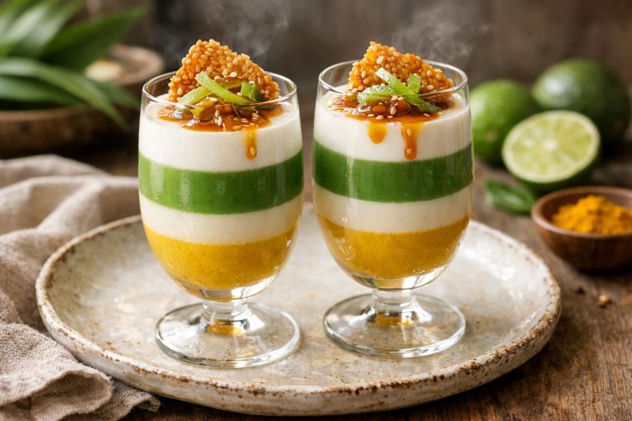 Chè Ba Màu—Three-Color Panna Cotta with Coconut, Pandan & Turmeric Layers, Candied Lime & Sesame Tuile