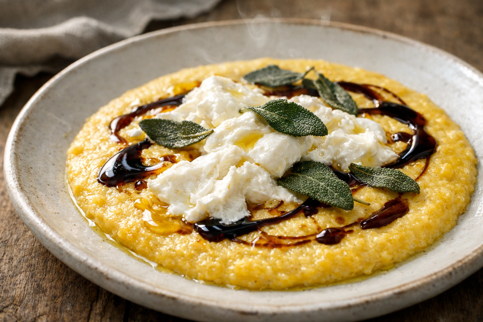 Cornmeal Broa Custard with Burrata, Burnt Honey & Crispy Sage