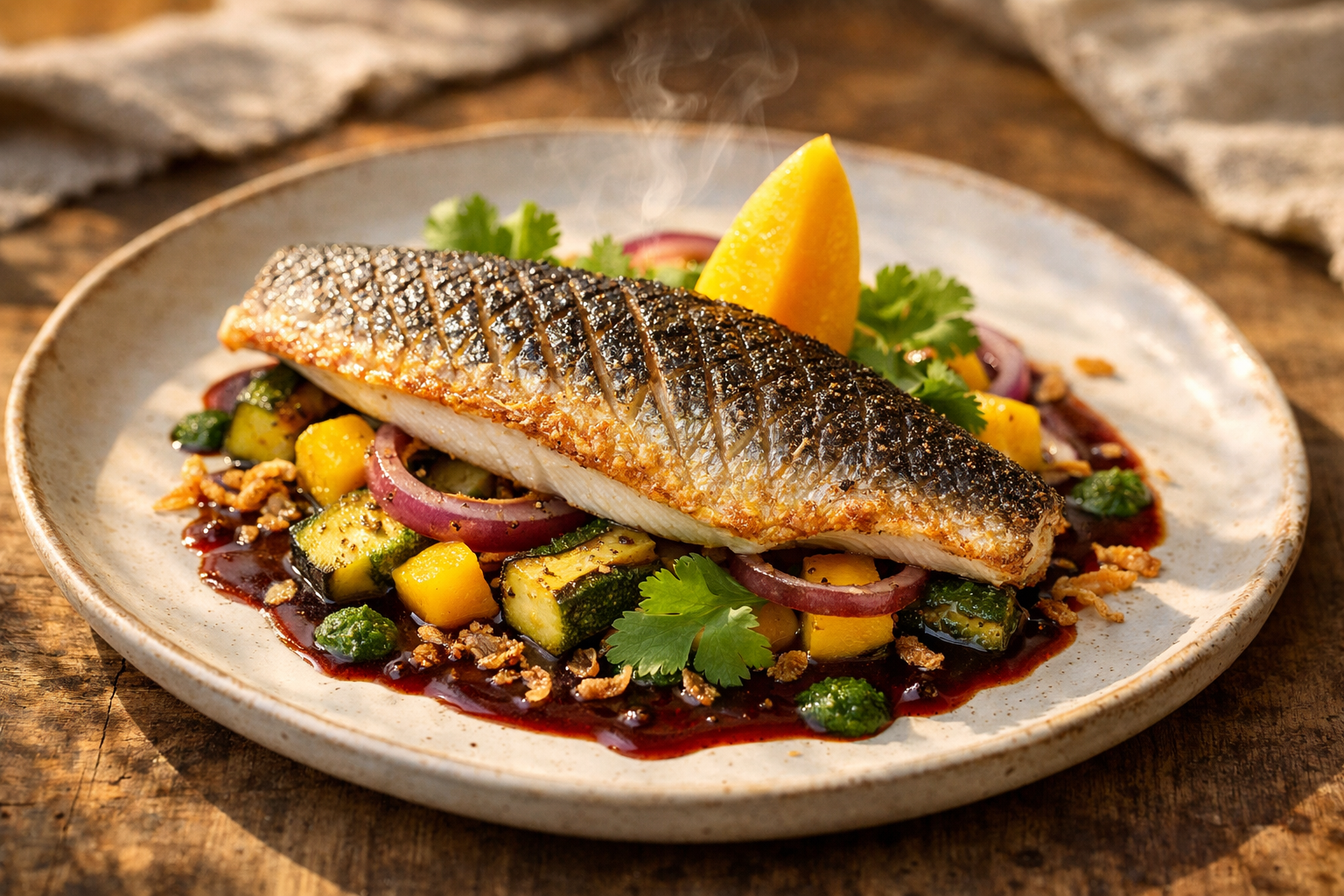 Chilli-Crusted Branzino Escabeche with Charred Summer Vegetables & Pomegranate Molasses Syrup
