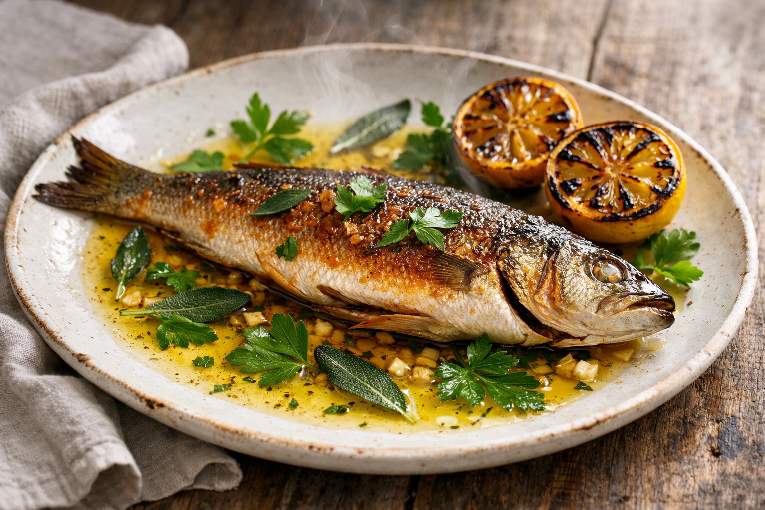 Branzino al Ajillo with Charred Lemon & Crispy Sage