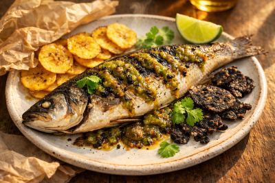 Whole Branzino en Papillote with Charred Tomatillo-Habanero Mojo, Black Bean Crisps & Crispy Plantain