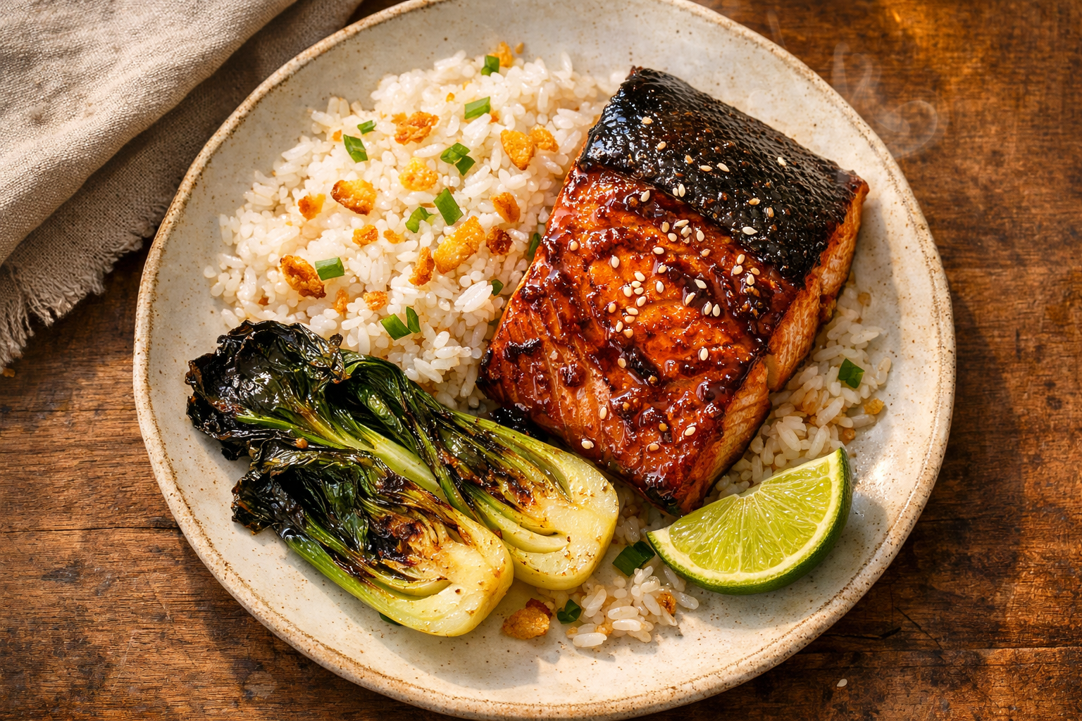 Gochujang-Miso Salmon with Charred Bok Choy & Crispy Garlic Rice