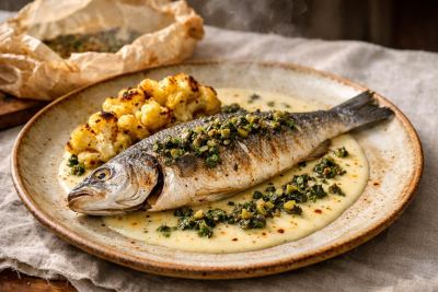 Whole Branzino en Papillote with Burnt Lemon-Coriander Emulsion, Roasted Saffron Cauliflower & Charred Olive Gremolata
