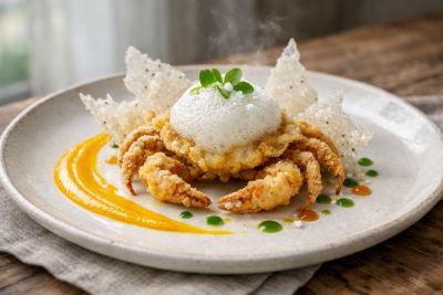 Cua Mềm Chiên—Soft-Shell Crab Tempura with Yuzu-Ponzu Foam, Crispy Rice Paper Tuile & Saffron Beurre Blanc