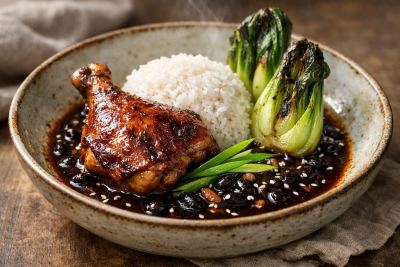 Chicken Skin-On Thighs with Salty Black Bean & Calamansi Glaze, Charred Bok Choy & Fragrant Jasmine Rice