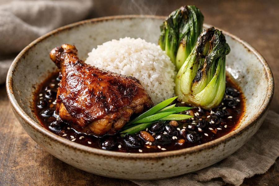 Chicken Skin-On Thighs with Salty Black Bean & Calamansi Glaze, Charred Bok Choy & Fragrant Jasmine Rice