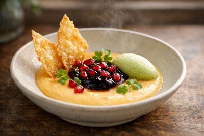 Black Garlic & Pomegranate Glazed Sea Urchin Custard with Crispy Roti Crisps & Fermented Green Chutney Foam