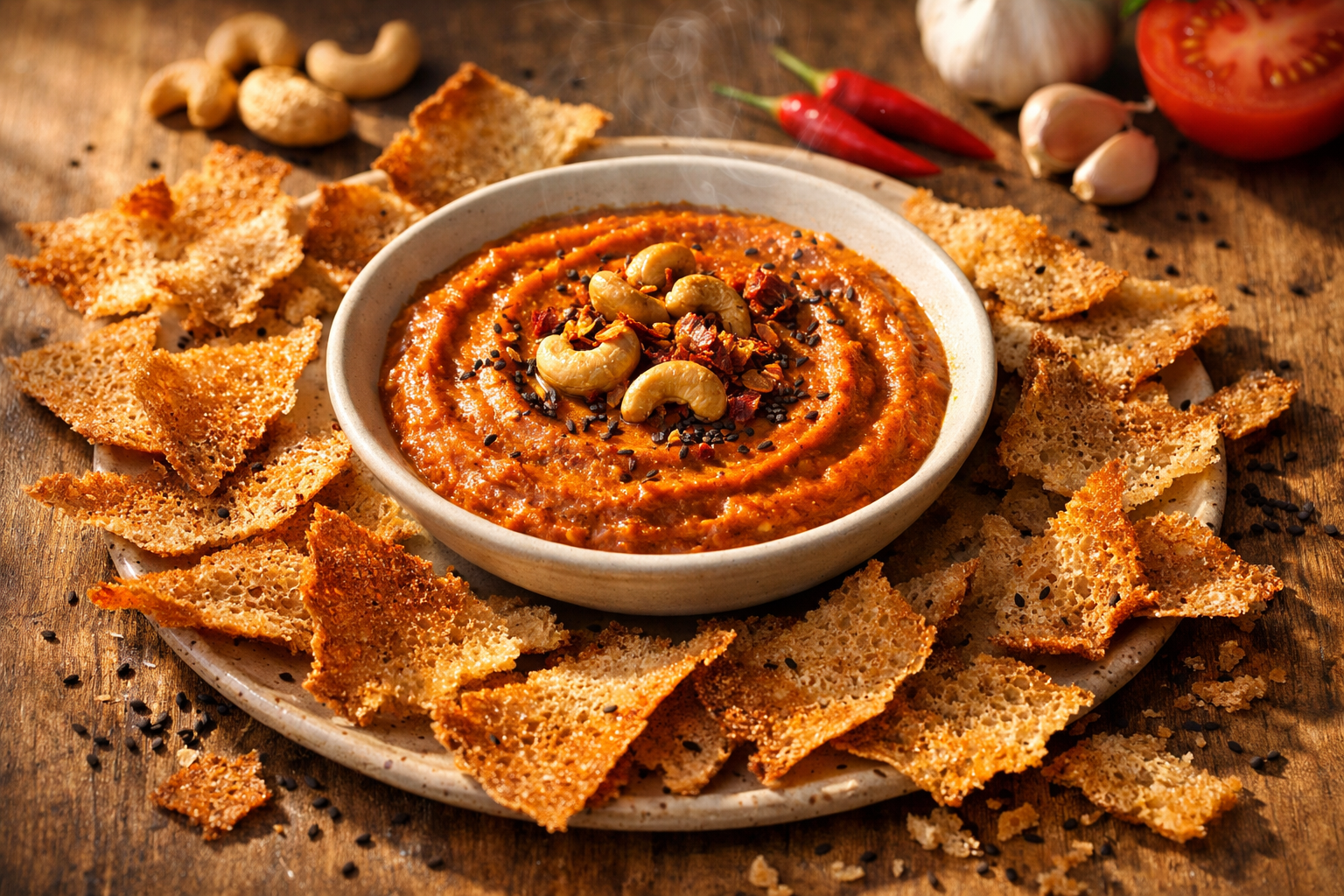 Crispy Injera Chips with Berbere-Spiced Cashew Dip
