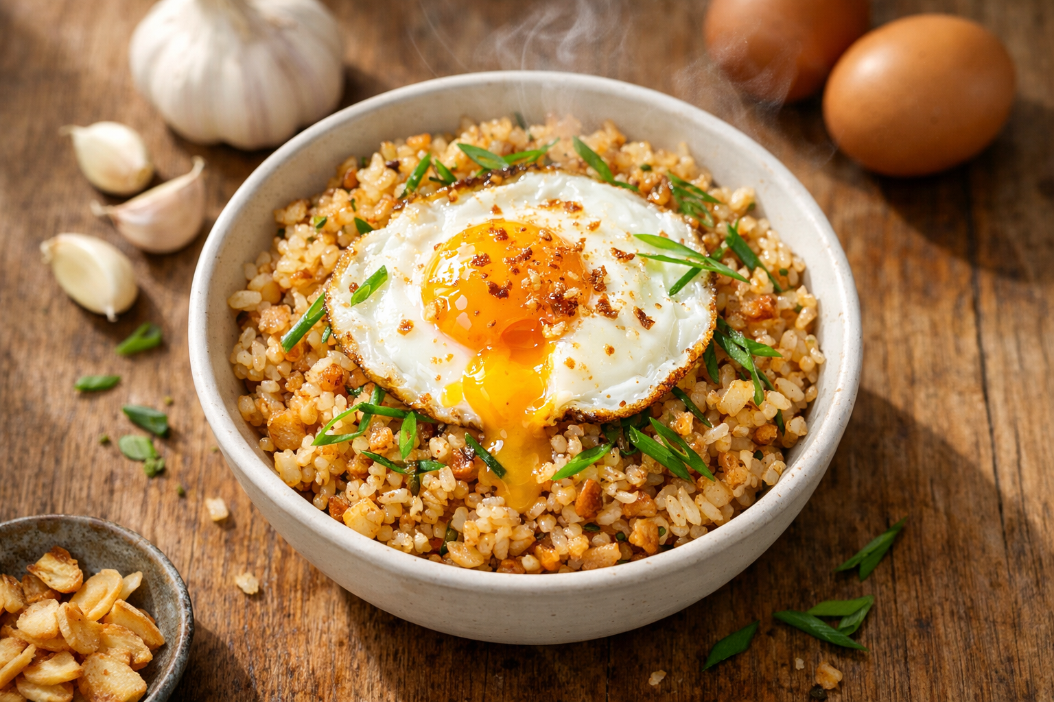 Sillog Rice Bowl with Crispy Garlic Oil & Runny Egg