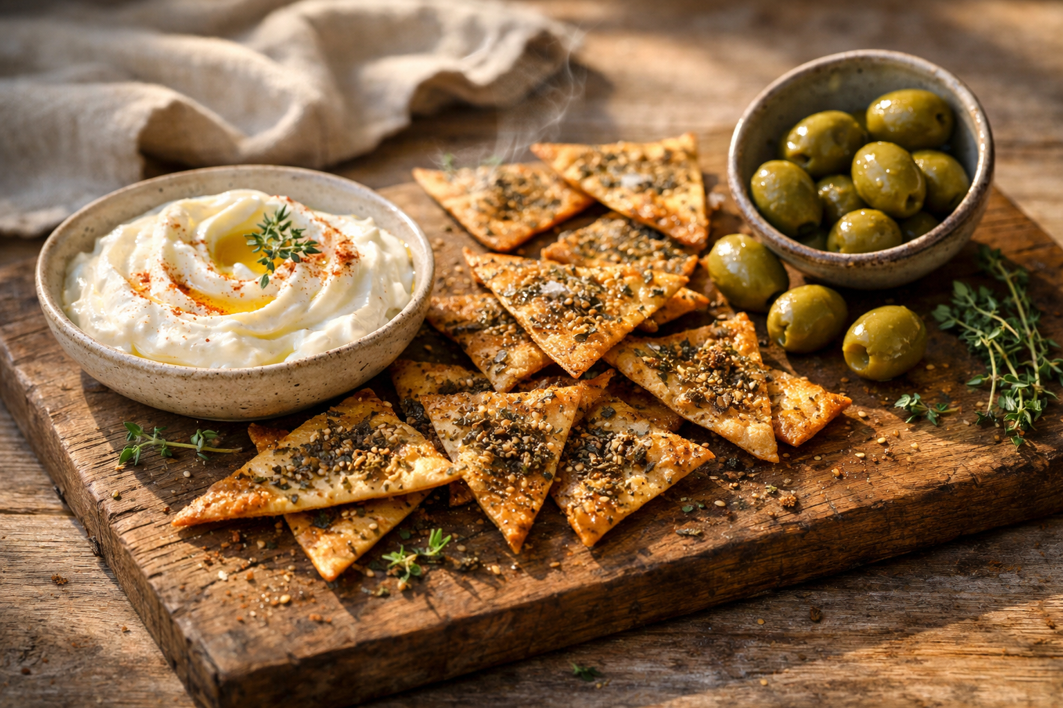 Za'atar Flatbread Crisps with Labneh & Charred Green Olives