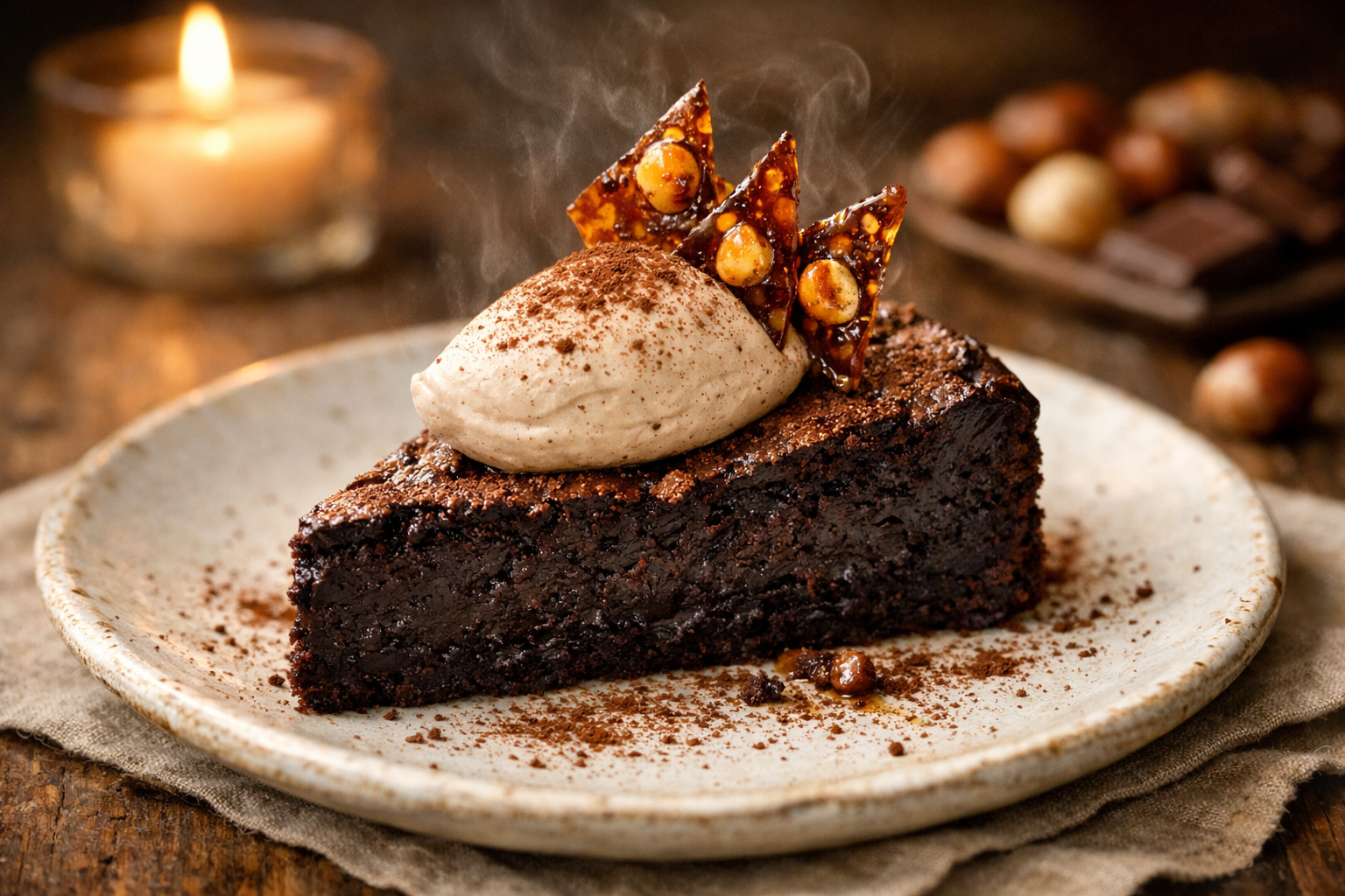 Dark Chocolate & Roasted Hazelnut Torte with Cinnamon Whipped Cream & Crispy Hazelnut Praline