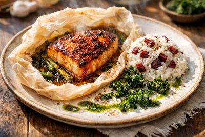 Tandoori-Spiced Swordfish en Papillote with Charred Spring Onion, Pomegranate Molasses & Crispy Kale Oil