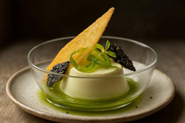 Dark Rum & Burnt Lime Panna Cotta with Crispy Cassava Tuile, Candied Lime Peel & Black Sesame Brittle