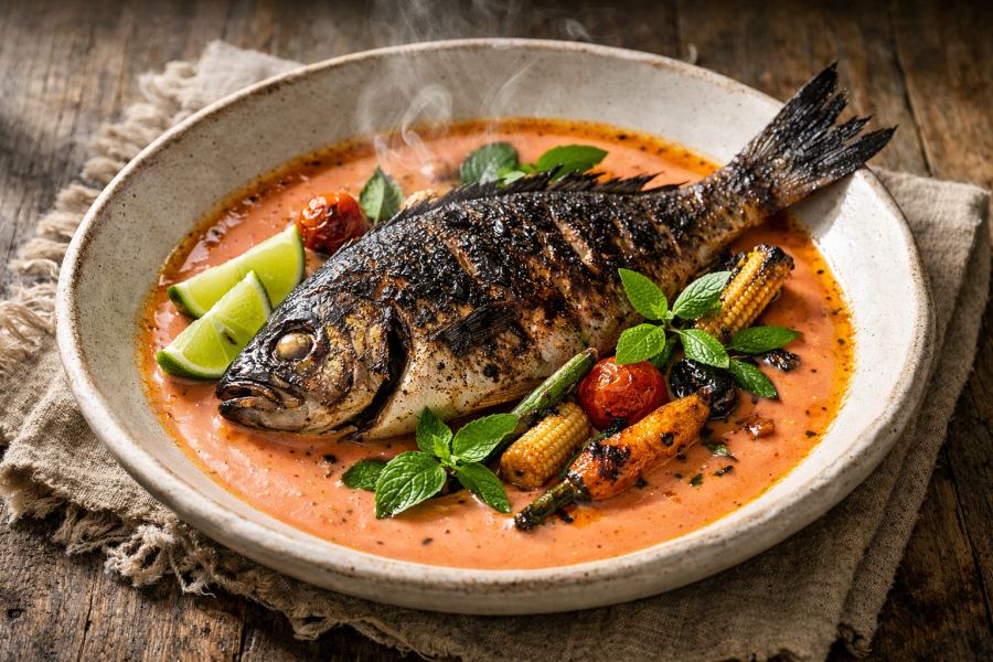 Cá Nướng Riêu Cua – Charred River Fish with Blue Crab Bisque, Charred Vegetables & Fermented Anchovy Oil