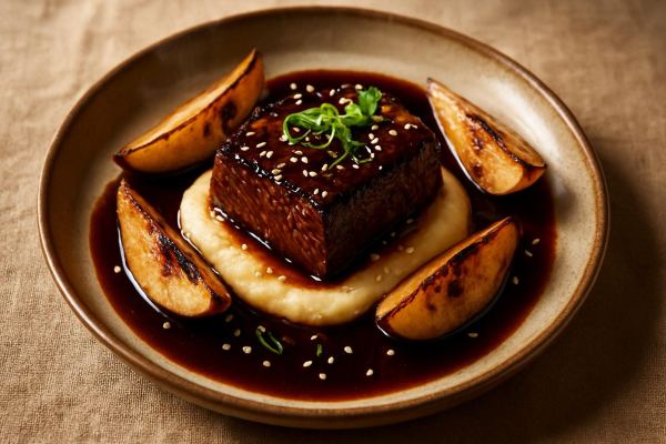 Galbijjim-Inspired Braised Short Rib with Charred Daikon Purée, Asian Pear Glaze & Roasted Sesame-Black Garlic Jus