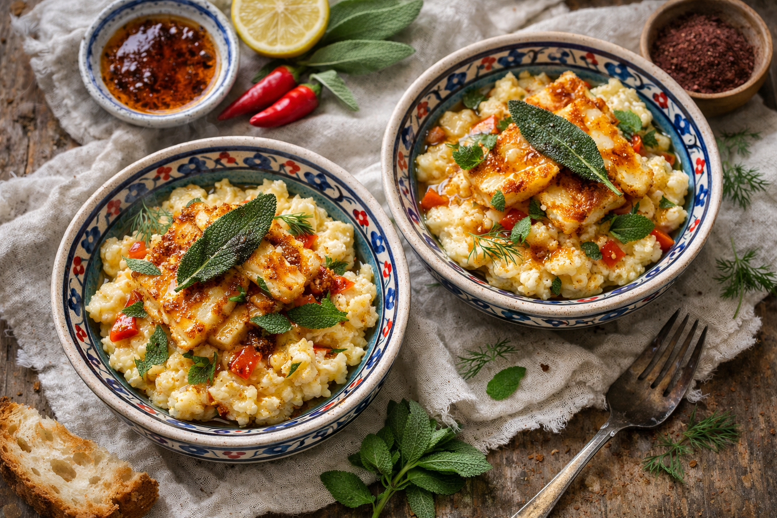 Menemen with Crispy Halloumi, Charred Pepper & Sumac Oil