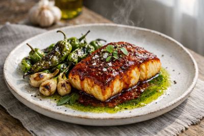 Charred Spring Garlic & Romesco-Glazed Halibut Fillet with Blistered Shishito Peppers & Crispy Sage Oil