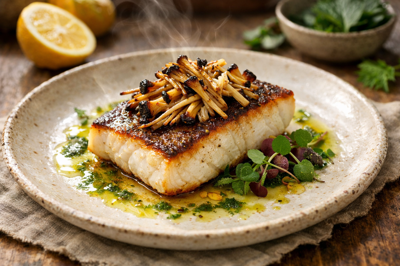 Miso-Butter Halibut with Charred Enoki & Shiso Oil
