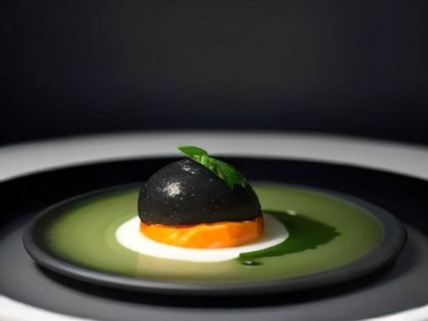 Slow-Cooked Squid Ink Tremolo with Torched Scallop Coral, Black Garlic Crisp & Bitter Greens Emulsion