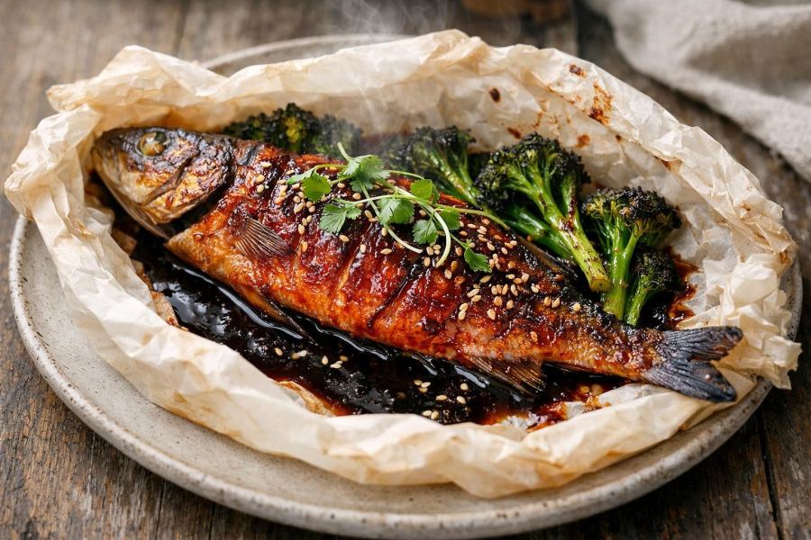 Whole Roasted Branzino en Papillote with Gochugang-Miso Glaze, Charred Broccolini & Black Garlic Beurre Noir