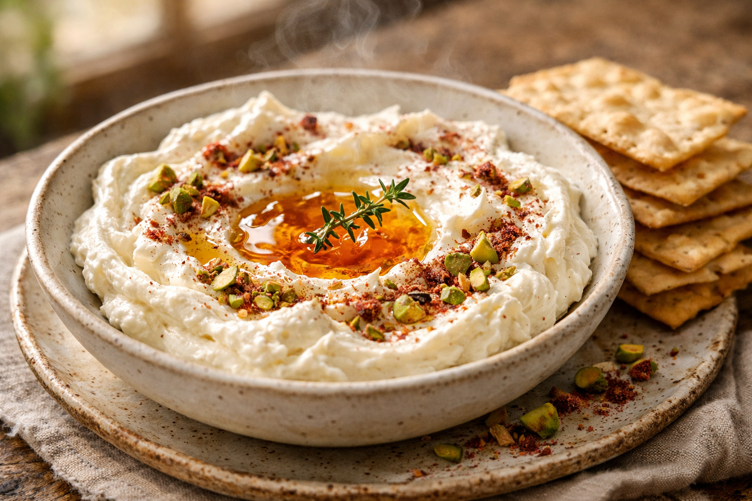 Whipped Feta Dip with Hot Honey, Crushed Pistachios & Sumac Crackers